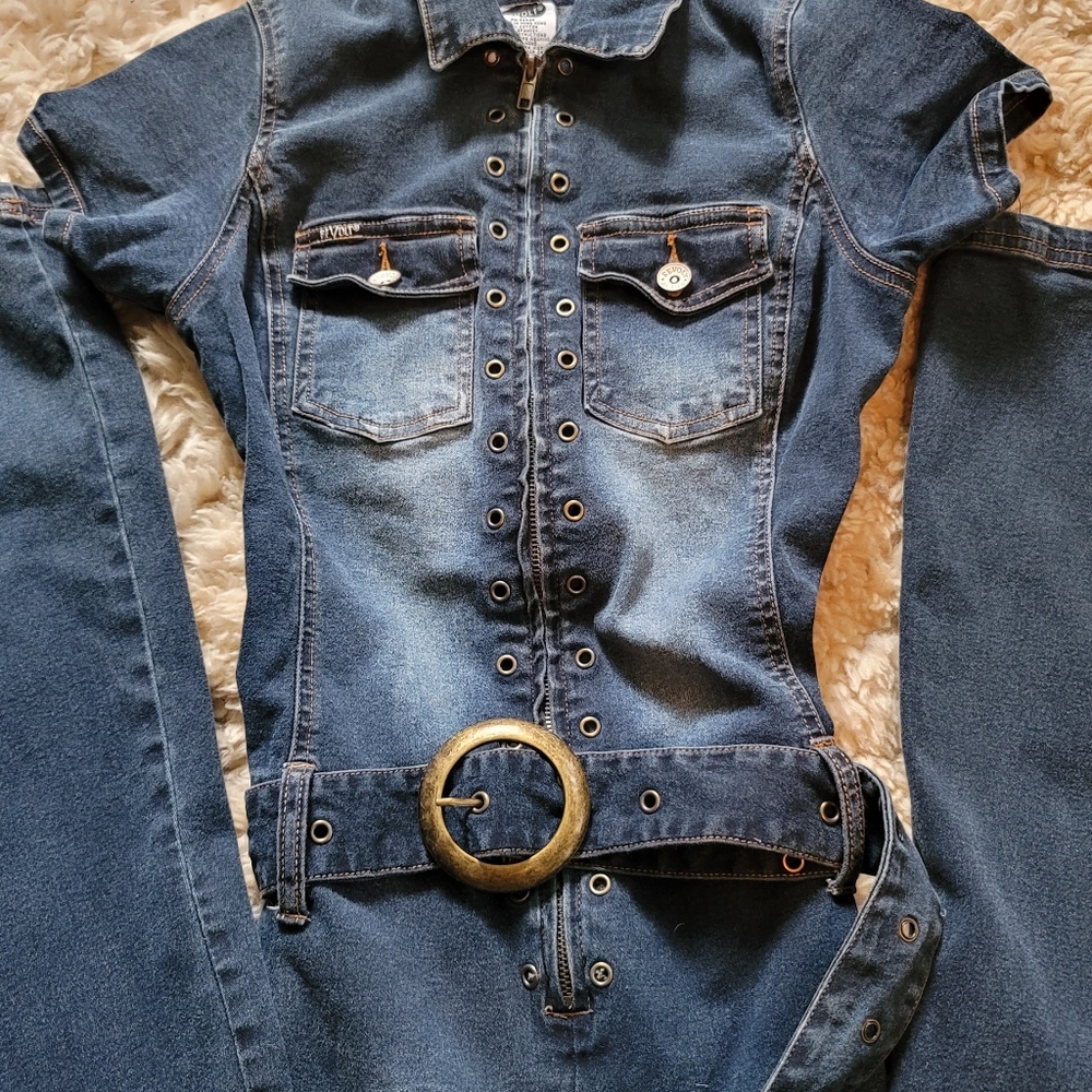 Vintage 90's Dark Wash Denim Jeans Jumpsuit - Picture 2 of 8